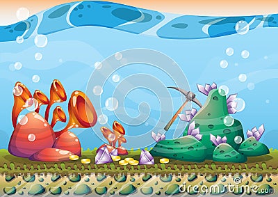 Cartoon vector underwater treasure background with separated layers for game art and animation game Vector Illustration