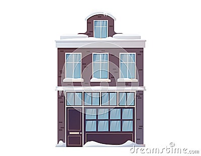 Cartoon vector winter house. Isolated Architectural modern building covered with snow and snowdrifts. Vector Illustration