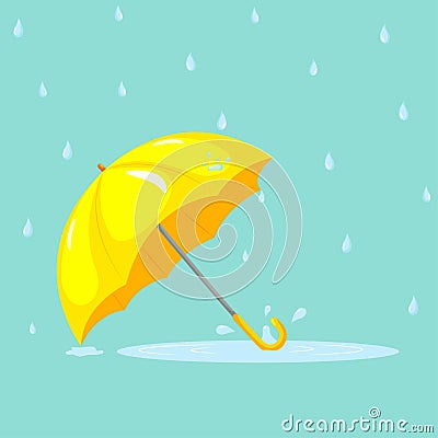 Cartoon vector yellow umbrella with blue puddle under it. Falling raindrops Vector Illustration