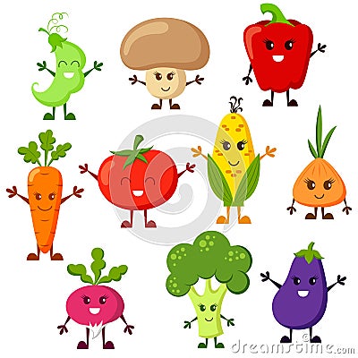 Cartoon vegetable characters. Tomato, broccoli, eggplant, peppers, carrots, onion, radish, corn, peas, champignon Vector Illustration