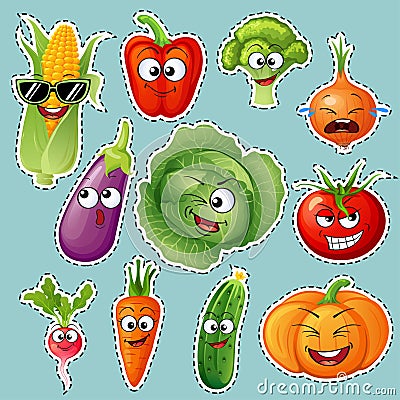 Cartoon vegetable characters. Vegetable emoticons. Sticker. Cucumber, tomato, broccoli, eggplant, cabbage, peppers, carrots, onion Vector Illustration