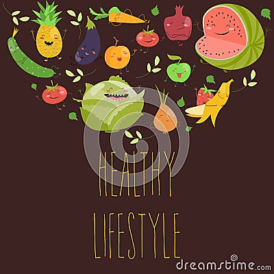 Cartoon vegetable cute characters face Vector Illustration