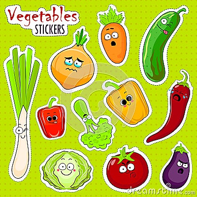 Cartoon vegetable cute characters face stickers. Vector Illustration