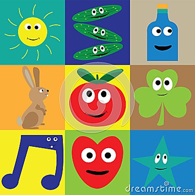 Cartoon vegetables and emoticons with smilling faces Vector Illustration