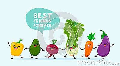 Funny vegetables with text balloons go hand in hand one after another. Vector vegetable isolates in cartoon style. Vitamins. Handw Vector Illustration