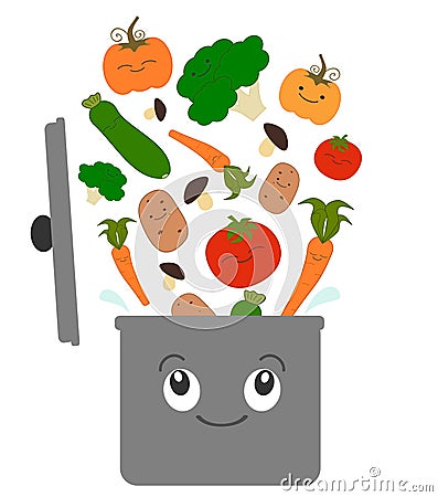 Cartoon vegetables for soup and pot funny illustration Vector Illustration