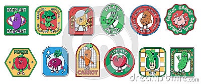 Cartoon vegetables stickers. Veggie emblems templates with retro 1930s mascot characters. Grocery labels vector set Vector Illustration