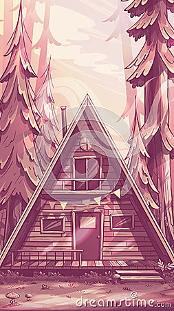 Cartoon vertical autumn landscape with wooden house in forest Vector Illustration