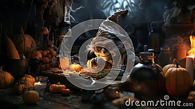 Cartoon Very Old and Funny Witch with grey hair and big glasses in front of a table with Pumpkins Candles bottles and sorcery Stock Photo