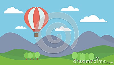 Cartoon view mountain landscape with a red hot air balloon flying in the hills with trees under a blue sky with clouds Vector Illustration