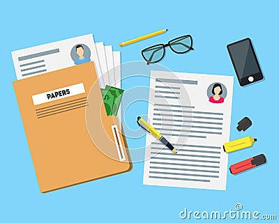 Cartoon View of Working Place witch Papers Folder. Vector Vector Illustration