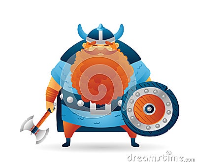 Cartoon viking cute character with shield and ax Vector Illustration