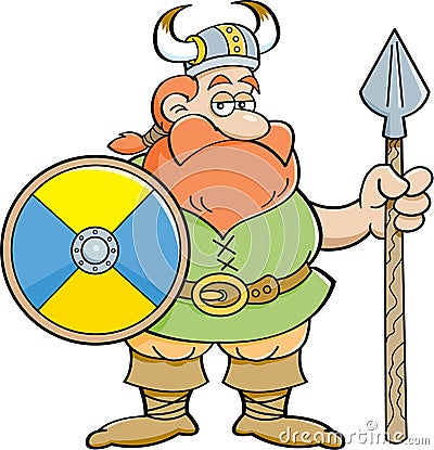 Cartoon viking holding a shield and a spear. Vector Illustration