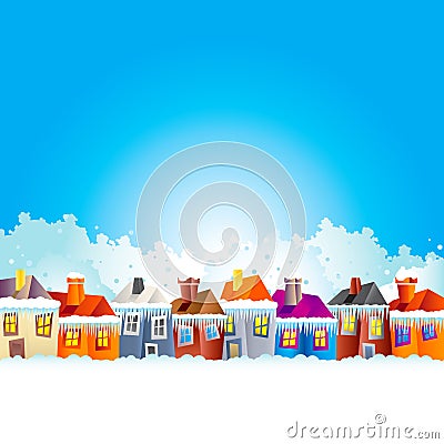 Cartoon village houses in winter Vector Illustration