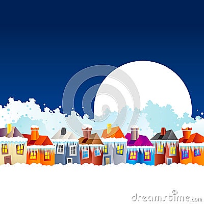 Cartoon village houses in winter Vector Illustration