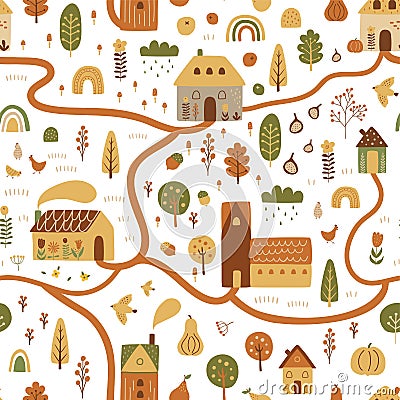 Cartoon village map. Cute map nature vector illustration. Cottage houses, forest, farm landscape. Cozy autumn town scene Vector Illustration