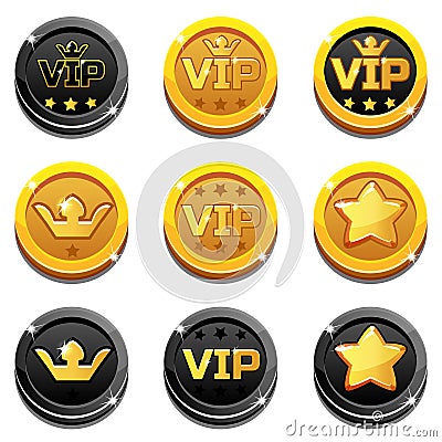 Cartoon Vip and Crown Coins Vector Illustration