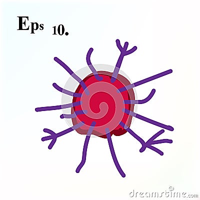 Cartoon Virus, bacteria. Red funny in a deliberately childish style cartoon character. Vector icon. Bacillus with fimbriae and Vector Illustration
