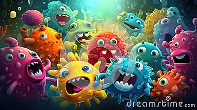 Cartoon viruses and bacteria on a dark background. 3d illustration. Generative AI. Cartoon Illustration