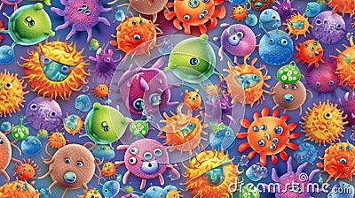 Cartoon viruses pattern. Medical print viruses. Funny viruses and bacteria printable vector pattern. Stock Photo