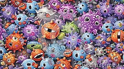 Cartoon viruses pattern. Medical print viruses. Funny viruses and bacteria printable vector pattern. Stock Photo