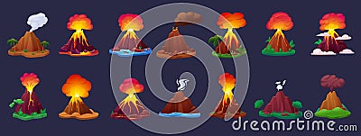 Cartoon volcano eruption processes. Volcanoes erupting with magma, fire, ashes and smoke. Hot lava erupted from Vector Illustration