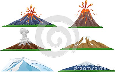 Cartoon volcano eruption set Vector Illustration