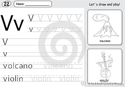 Cartoon volcano and violin. Alphabet tracing worksheet: writing Vector Illustration