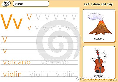 Cartoon volcano and violin. Alphabet tracing worksheet Vector Illustration