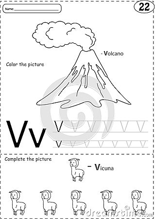 Cartoon volkano and vicuna. Alphabet tracing worksheet: writing Vector Illustration