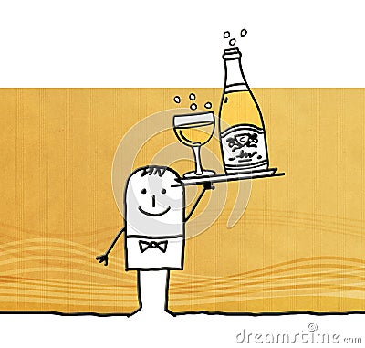 Cartoon waiter with bottle of Champagne Cartoon Illustration