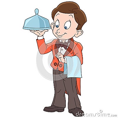 Cartoon waiter boy with a tray for hot dishes Vector Illustration