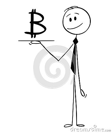 Cartoon of Waiter or Businessman Holding Salver or Tray With Bitcoin Cryptocurrency Currency Symbol Vector Illustration