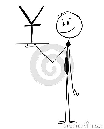 Cartoon of Waiter or Businessman Holding Salver or Tray With Chinese Yuan or Renminbi Currency Symbol Vector Illustration