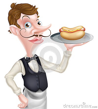 Cartoon Waiter Butler Holding Hotdog Vector Illustration