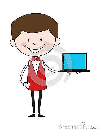 Cartoon Waiter Caterer - Presenting a Laptop Stock Photo