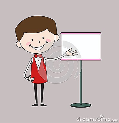 Cartoon Waiter Caterer - Showing on White Board Stock Photo