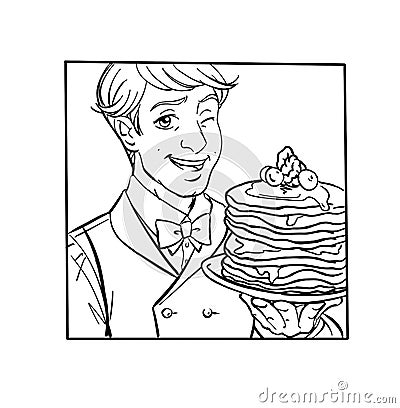 Cartoon waiter holding a plate with pancakes line art Stock Photo
