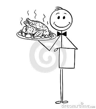 Cartoon of Waiter Holding Silver Plate or Tray with Roast Chicken or Turkey Vector Illustration