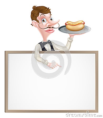 Cartoon Waiter Hotdog Sign Vector Illustration