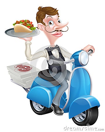 Cartoon Waiter on Scooter Moped Delivering Shawarma Vector Illustration