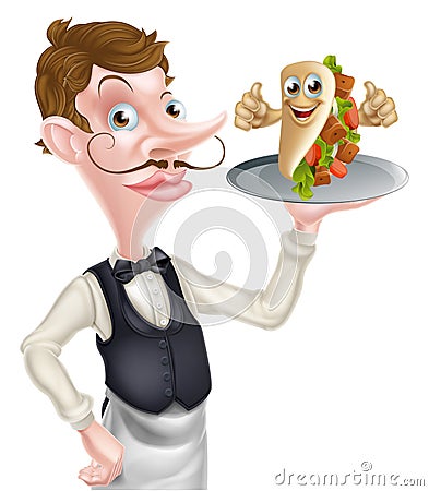 Cartoon Waiter and Thumbs Up Kebab Vector Illustration