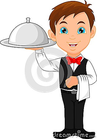 Cartoon waitress boy and a plate set Vector Illustration