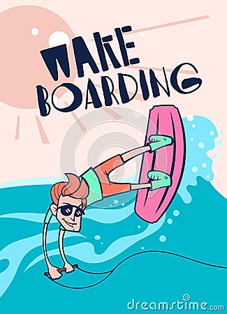 Cartoon wake boarding poster Vector Illustration