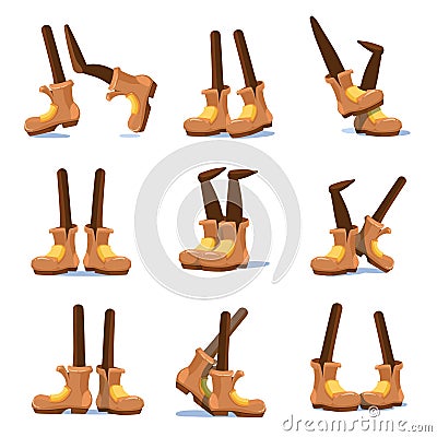 Cartoon walking, running, standing characters legs with feet in shoes vector set Vector Illustration