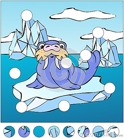 Cartoon walrus on an ice floe. complete the puzzle Vector Illustration