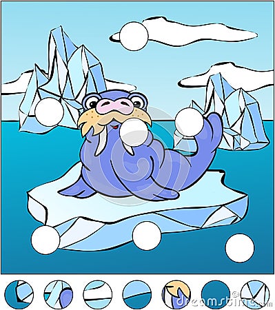 Cartoon walrus on an ice floe. complete the puzzle and find the Vector Illustration