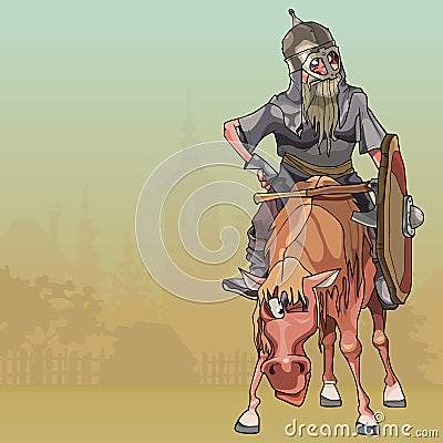 Cartoon warrior in armor on horseback in the village Vector Illustration