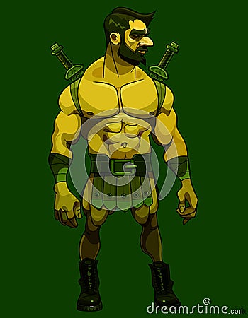 Cartoon warrior with a muscular torso in fairy clothes and swords behind his back Vector Illustration