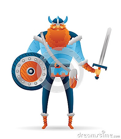 Cartoon warrior viking cute character with sword and shield. Vector Illustration